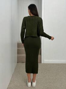 SHEIN Tall Women's Solid Color Crew Neck Long Sleeve Blouse And Dress 2pcs Set - Green - View 2