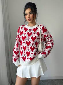 Elenzga Heart Jacquard Pattern Loose Fit Crew Neck Sweater For Women