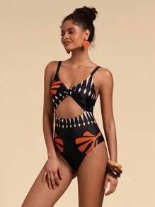 SHEIN TRVLCHIC 女士几何印花镂空性感连体泳衣，适合海滩度假 - 黑色 - 查看 6