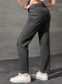 SHEIN 青少年女孩高腰直筒牛仔裤，适合夏季休闲日常穿着 - 黑色 - 查看 2