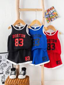 SHEIN Conjunto de 6 piezas de ropa deportiva casual adorable para bebé niño, incluye camiseta de tirantes con estampado de letras y pantalones cortos de cintura elástica, adecuado para el hogar, actividades al aire libre, deportes, y guardería