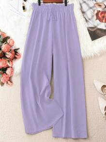 SHEIN LUNE Women's Solid Color Elastic Waist Plus Size Pants