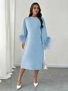 Celure Vestido de manga larga con aplicación de pelo sintético y mangas acampanadas, elegante y recto para mujer de talla grande
