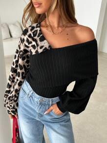 SHEIN Essnce 女式豹纹拼接长袖休闲上衣，豹纹服装。