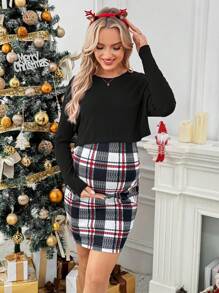 SHEIN Conjunto de 2 piezas de maternidad - Top de unicolor y falda a cuadros con cintura ajustable, otoño