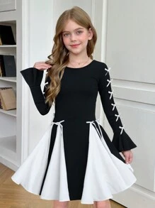 SHEIN Nova Glow Tween 女童蝴蝶结装饰圆领长袖拼色优雅黑白连衣裙，适合日常穿着、派对礼服，适合秋冬季 - 黑與白 - 查看 1