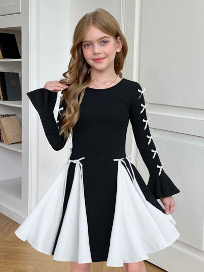 SHEIN Nova Glow Tween 女童蝴蝶结装饰圆领长袖拼色优雅黑白连衣裙，适合日常穿着、派对礼服，适合秋冬季