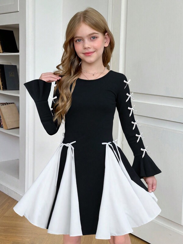 SHEIN Nova Glow Tween Girls Bowknot Decor Round Neck Long Sleeve Color Block Elegant Black And White Dress, Suitable For Daily Wear, Party Dress, For Autumn Winter
