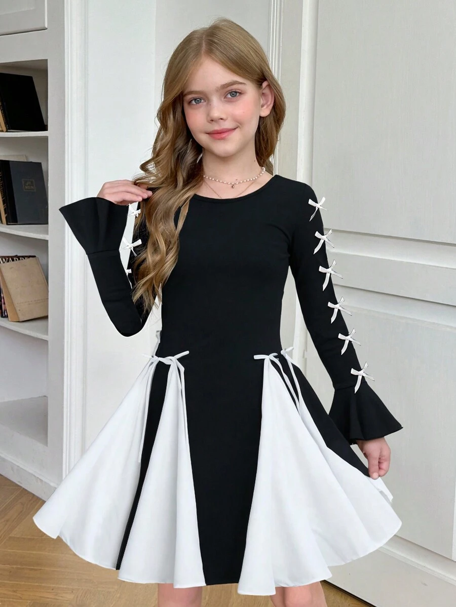 SHEIN Nova Glow Tween 女童蝴蝶结装饰圆领长袖拼色优雅黑白连衣裙，适合日常穿着、派对礼服，适合秋冬季 - 黑與白 - 查看 1