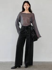 Dazy-Less 女式抽绳腰系带直筒休闲牛仔裤 Old Money 风格商务休闲女装 - 黑色 - 查看 2