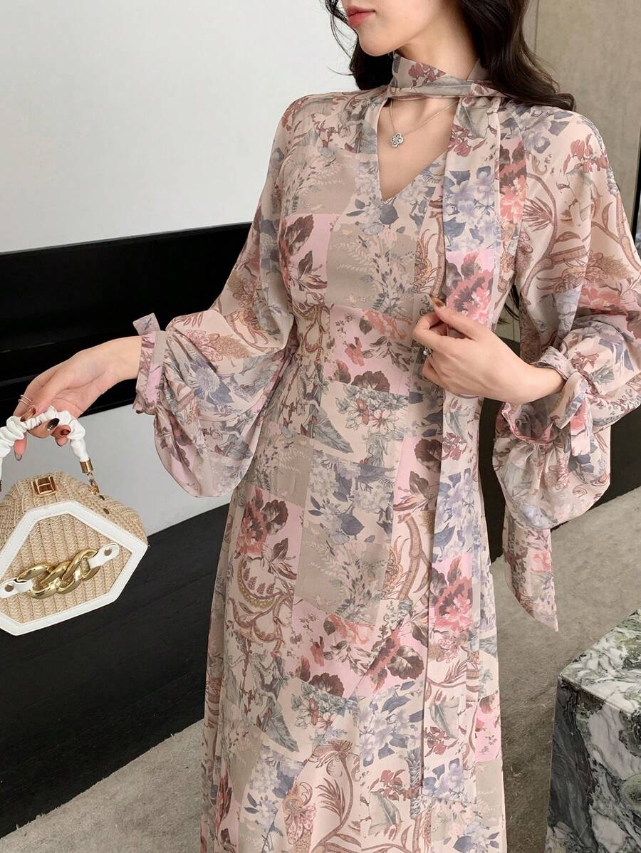 DAZY Women's Floral Print V-Neck Ruffle Long Dress, Pink, Spring/Fall Long Sleeve Dress Maxi Dress - Pink - View 1