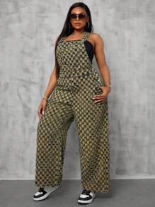 SHEIN SXY Plus Size Simple Denim Overalls, Casual Everyday Wear - Medium Wash - View 4