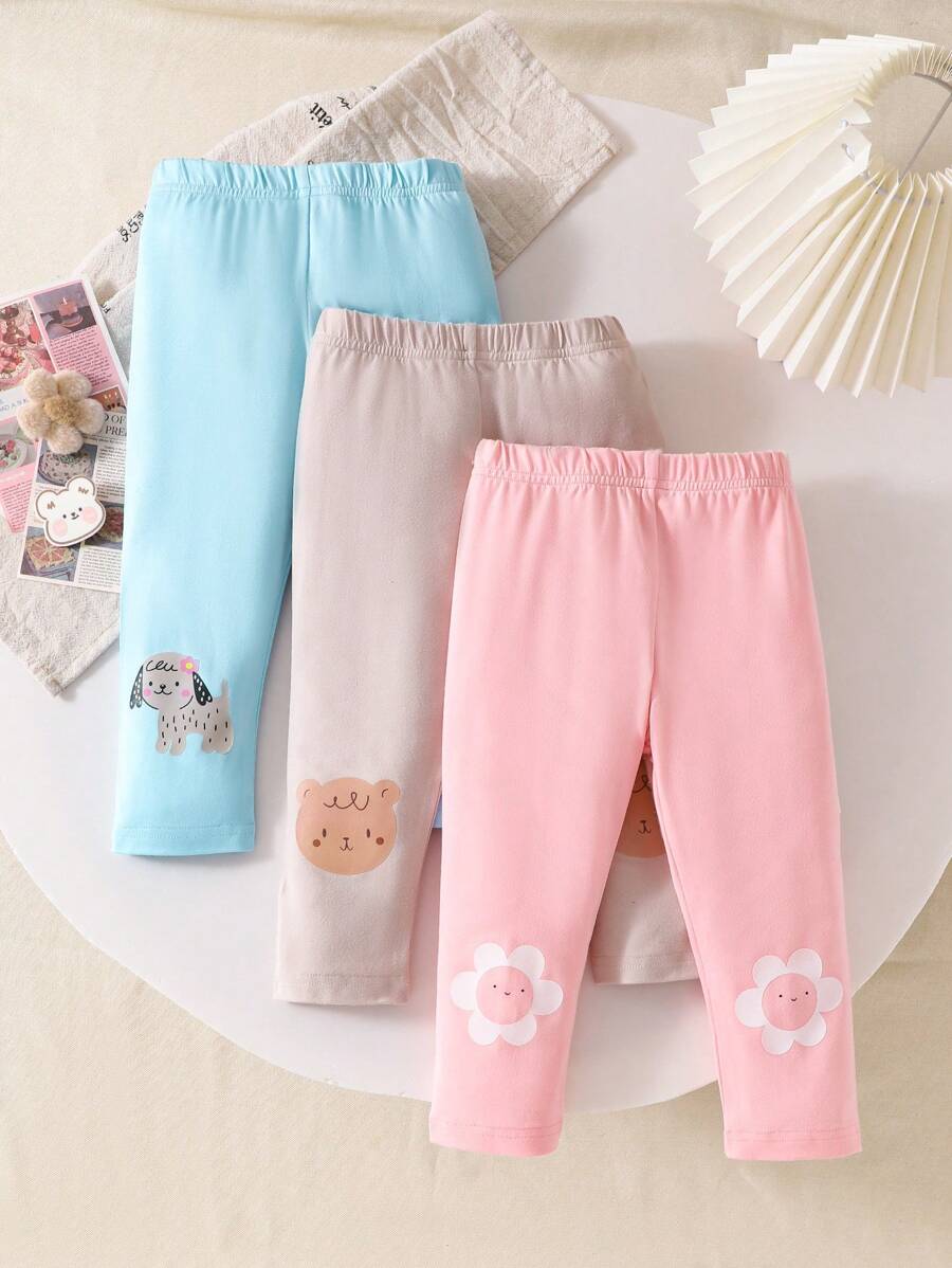 SHEIN paquete de 4 piezas de leggings de punto elástico con estampado lindo de animales y fresas, estilo coreano, para niñas bebés