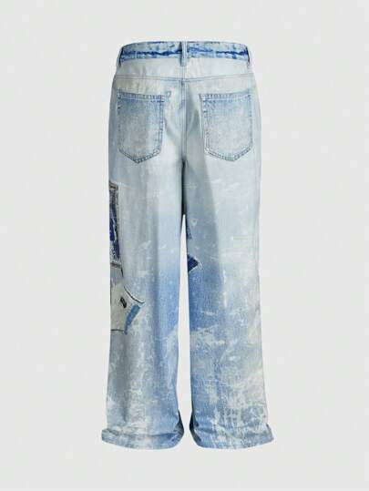 Street Life Men's Front Button Pocket Printed Simple Casual Denim Pants, Everyday Wear