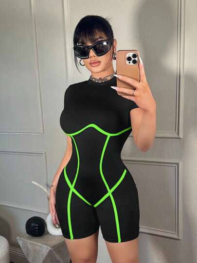 SHEIN SXY 女士撞色修身连体裤，简约风格，休闲且适合日常穿着