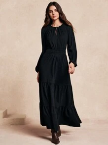 Chiquease 优雅休闲女式长袖连衣裙 - 黑色 - 查看 3