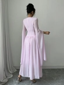 Chiquease Vestido de fiesta elegante de manga larga con pliegues - Rosa - Ver 2