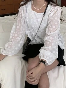 DAZY Blusa blanca de manga larga con cuello cuadrado holgada y estampado jacquard de unicolor para mujer, primavera/verano