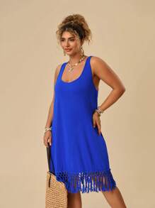 Travachic 大码夏季度假无袖拼布流苏针织蓝色连衣裙 - 藍色 - 查看 6