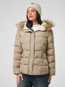 Easelle Women Fur Trim Front Zipper Long Sleeve Pocket Casual Hooded Winter Coat