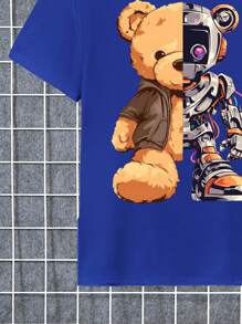 SHEIN 青少年男孩机械熊图案印花短袖 T 恤，时尚舒适的服装，适合作为生日礼物，春夏季 - 寶藍色 - 查看 3