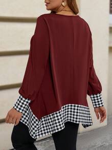 EMERY ROSE Plus Size Casual Color Block Asymmetric Hem Plaid T-Shirt,Winter Tops, Autumn&Winter Women Clothes,Vacation Outfits Woman,Boho For Women,Summer Outfits For Women/Summer - Burgundy - View 2