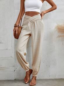 Breezaya Women's Solid Color Asymmetrical Waist Tied Slim-Fit Jogger Pants - Khaki - View 6