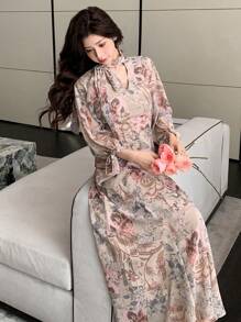 DAZY Women's Floral Print V-Neck Ruffle Long Dress, Pink, Spring/Fall Long Sleeve Dress Maxi Dress - Pink - View 7