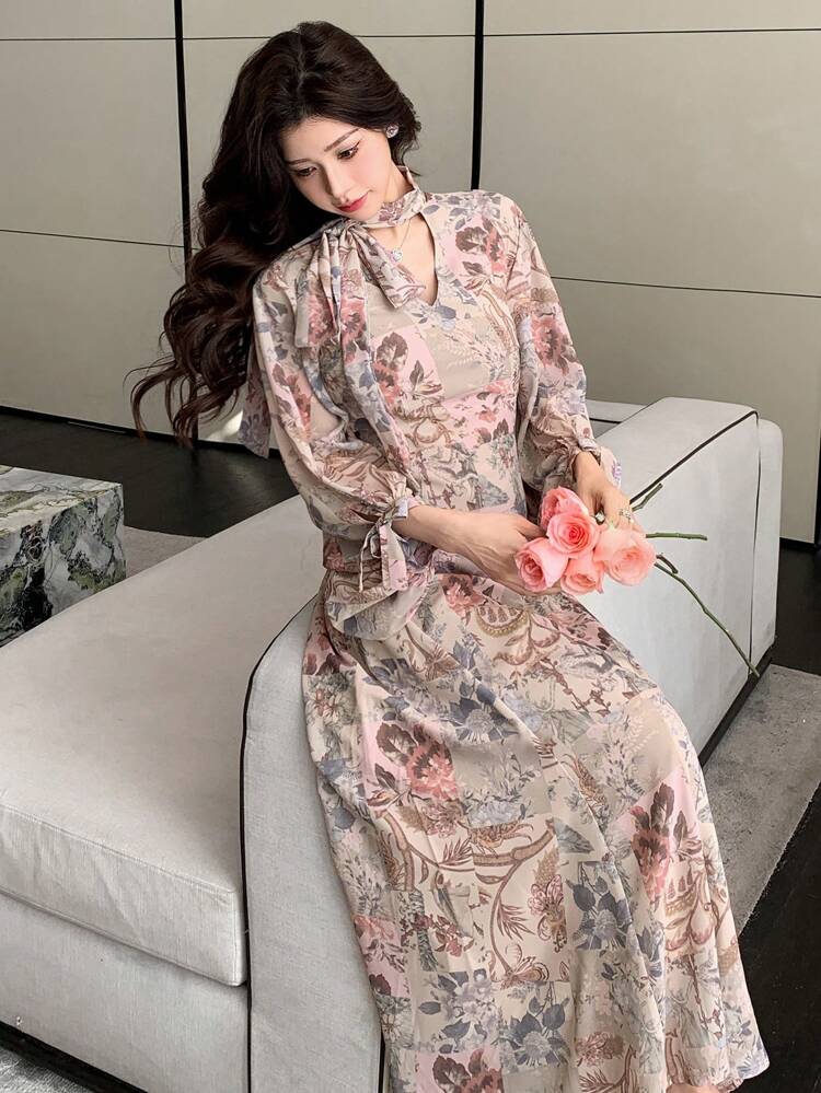 Women's Floral Print V-Neck Ruffle Long Dress, Pink, Spring/Fall Long Sleeve Dress Maxi Dress