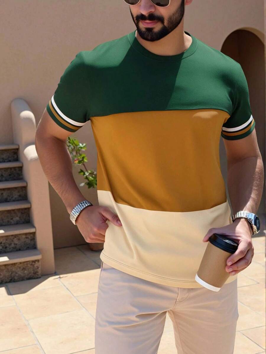 Manfinity Dauomo Men's Round Neck Short Sleeve Solid Color Patchwork Casual T-Shirt