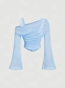 SHEIN MOD Apricot Off-Shoulder Mesh 2in1 Trumpet Sleeve Long Sleeve Women's Top,Western,Vintage,70s,The Bachelorette - Blue - View 2