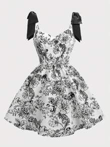 SHEIN Girlism 少女黑色蝴蝶结肩部褶皱胸围收腰 A 字形公主优雅短裙 - 黑色 - 查看 1