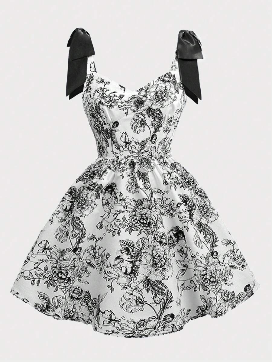 SHEIN Girlism 少女黑色蝴蝶结肩部褶皱胸围收腰 A 字形公主优雅短裙 - 黑色 - 查看 1