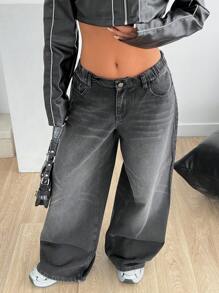 EURMUSE Pantalón vaquero negro con cinturón elástico y estilo Y2K tiro bajo - Negro - Ver 1
