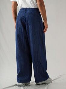 Chillumni Jeans amples et amples rétro à jambe large à rayures verticales bleues marine pour hommes - Jean brut - Voir 2