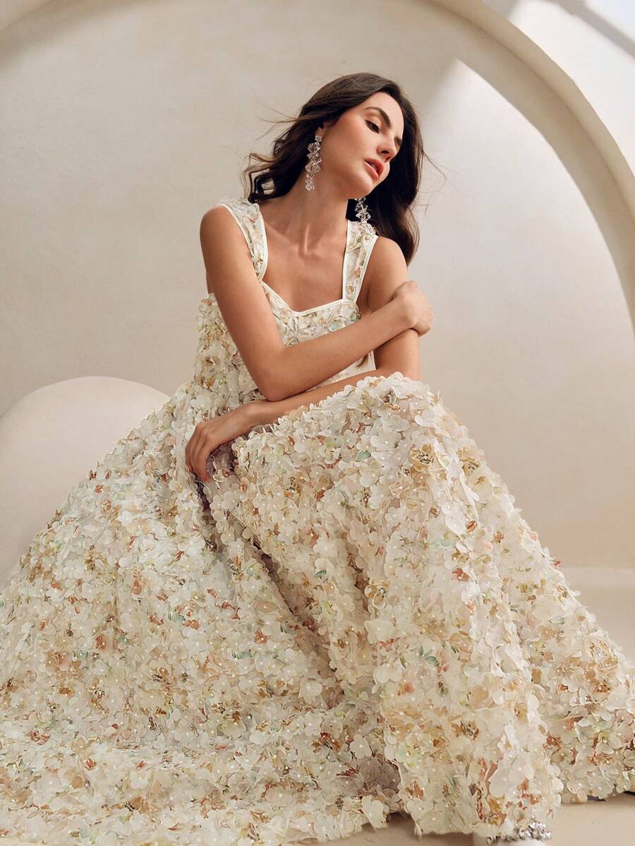 Anewsta Elegant & Romantic Floral Print Sleeveless Dress With Flared, Suitable For Valentine's Day, Summer Beach Vacation, New Year Outfit - Apricot - View 1