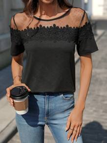 Chiquease 女士圆领网眼短袖宽松上衣 T 恤，春夏