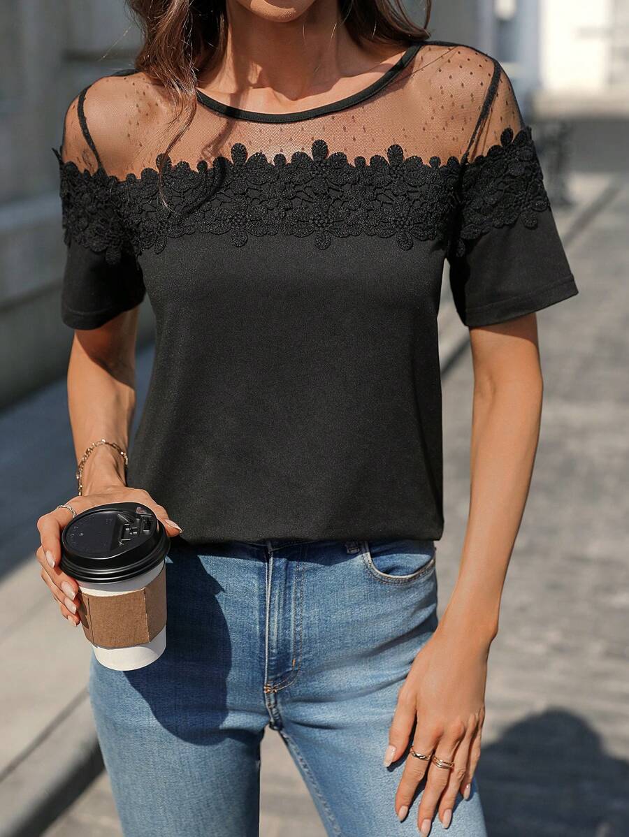 Chiquease 女士圆领网眼短袖宽松上衣 T 恤，春夏