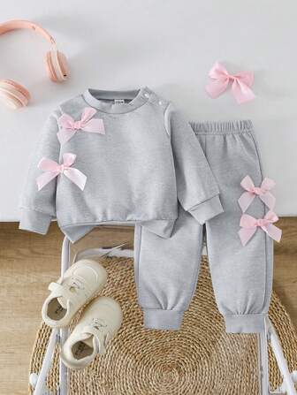 SHEIN 2pcs/Set Baby Girl 2024 Autumn/Winter New Purple & Pink Casual Cute Bowknot Long Sleeve Sweatshirt Top & Long Pants Outfit Set