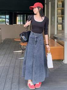 DAZY 1 pièce Jupe en jean casual longue avec taille asymétrique et double poche pour femmes - Bleu azur - Voir 4