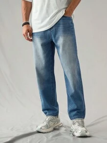 Manfinity Hypemode Pantalones vaqueros casuales de corte recto y ajuste relajado en azul oscuro lavado para hombre - Lavado ligero - Ver 3