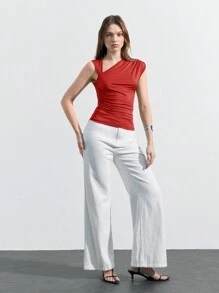 Maija 2025年夏季新款不对称剪裁不对称肩部设计褶饰女士休闲上衣吊带背心，适合商务、通勤、优雅海滩度假村、婚礼宾客、乡村音乐节、早午餐、机场、90年代复古、斯德哥尔摩风格、7月4日