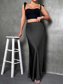 SHEIN Tall Women Black Satin A-Line Skirt Women Skirts Long, Elegant Skirt