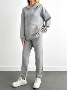 RueChic 100%Cotton Drop Shoulder Hoodie & Sweatpants - Light Grey - View 4