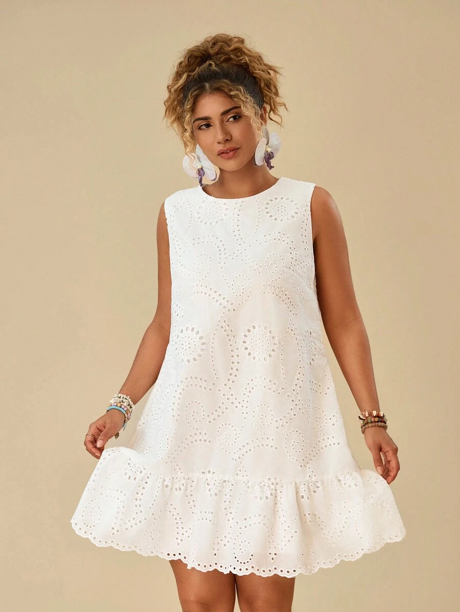 Travachic Plus Eyelet Embroidery Ruffle Hem Smock Dress,Graduation Dress - White - View 1