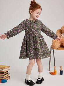 PrepCrw Young Girls Cute Floral Printed Collared A-Line Waisted Dress With Ruffle Hem, Suitable For Spring And Autumn - Multicolor - View 4