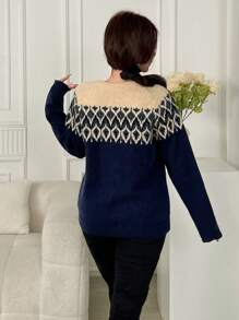 Seusyu Women's Geometric Pattern Crew Neck Raglan Sleeve Casual Cardigan, Autumn/Winter - Multicolor - View 3