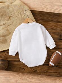 SHEIN Baby Girl Casual Cute Daily All-Match Versatile Football & Bow Design Long Sleeve Loose Fit Comfy Knit Bodysuit, Suitable For Spring & Autumn - Beige - View 2