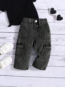 SHEIN 女婴 Y2K 粉色宽松直筒牛仔裤，女婴秋装，秋季返校可爱牛仔服装