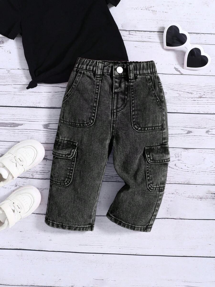 SHEIN 女婴 Y2K 粉色宽松直筒牛仔裤，女婴秋装，秋季返校可爱牛仔服装